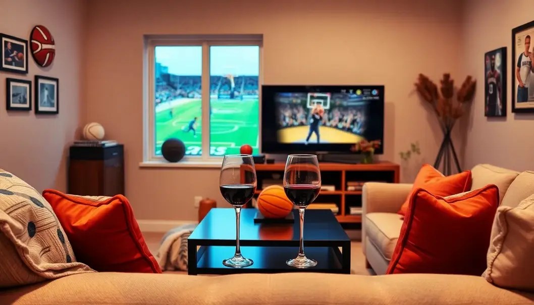 Romantic sports-themed setup in a living room with memorabilia and drinks.