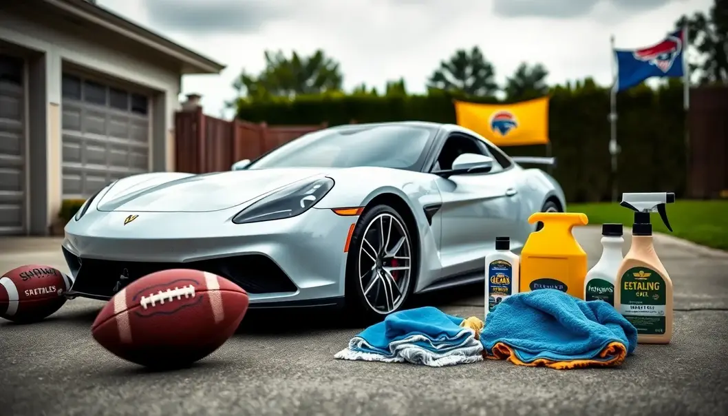 A sports car ready for detailing, with supplies at the ready and team spirit visible.