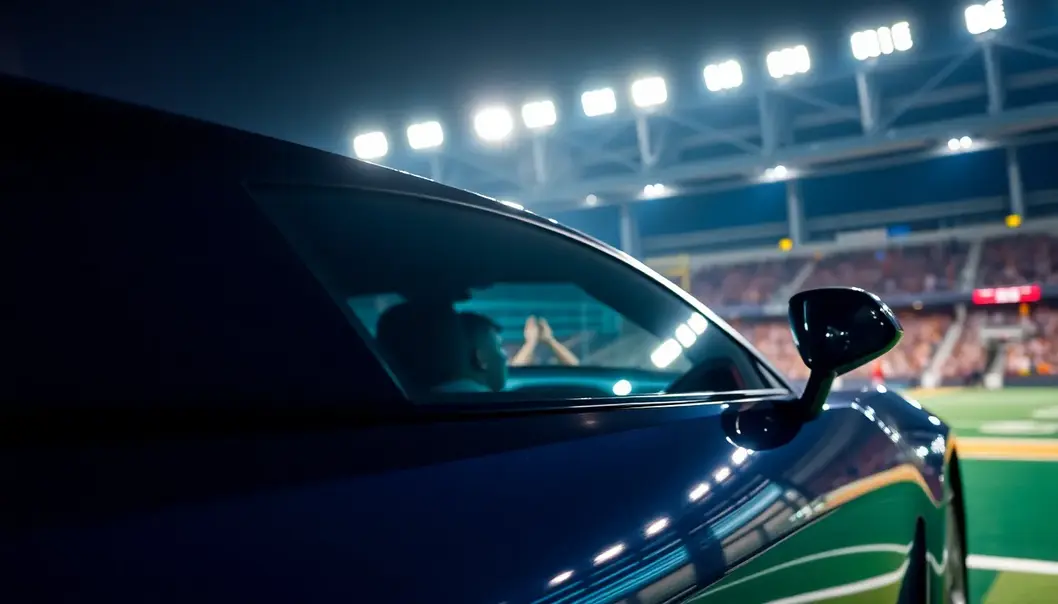 A shiny sports car under stadium lights with a fan's reflection cheering.