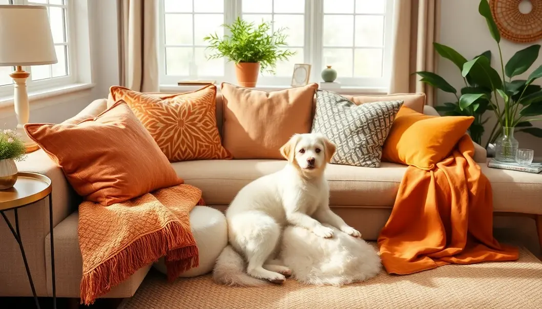 A living room with various pet-friendly fabrics like a microfiber sofa and canvas pillows.