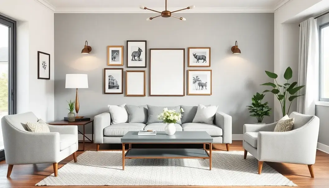 A modern living room featuring DIY décor enhancements such as a painted coffee table and a gallery wall.