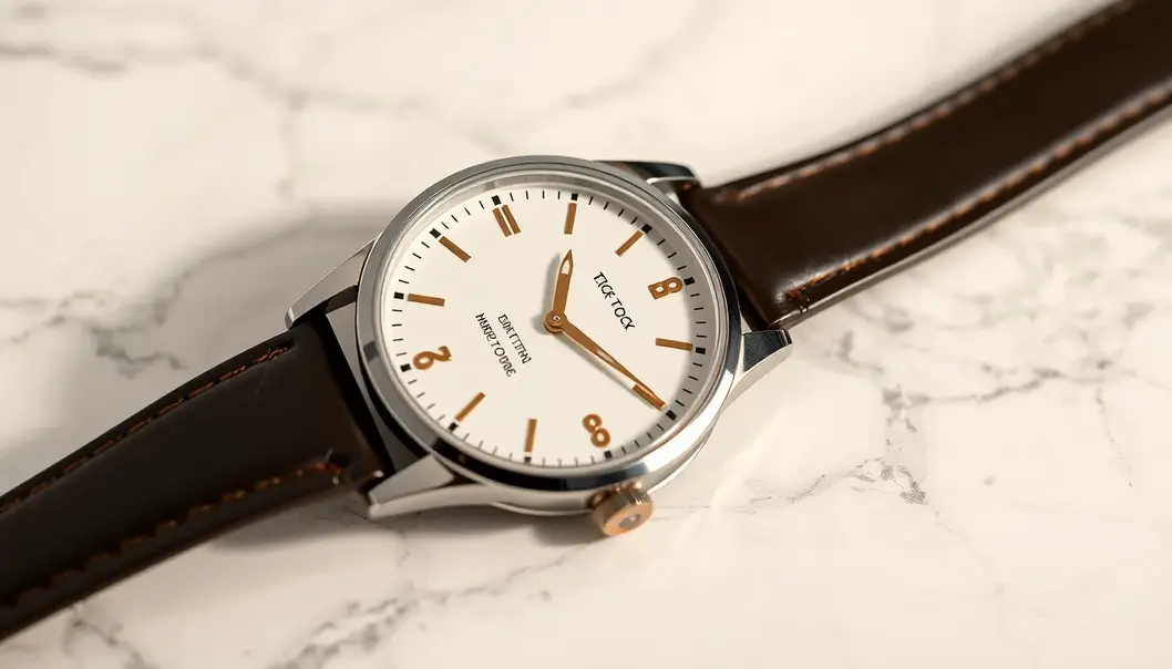 A close-up shot of a stylish wristwatch on a marble surface, highlighting its design details.