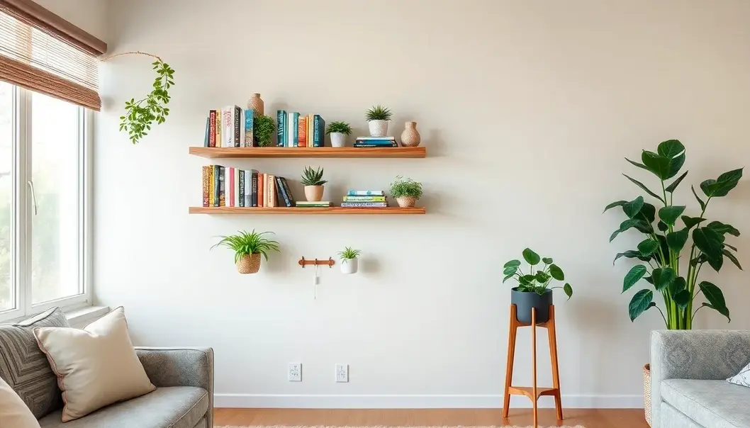 A modern living room featuring DIY décor enhancements such as a painted coffee table and a gallery wall.