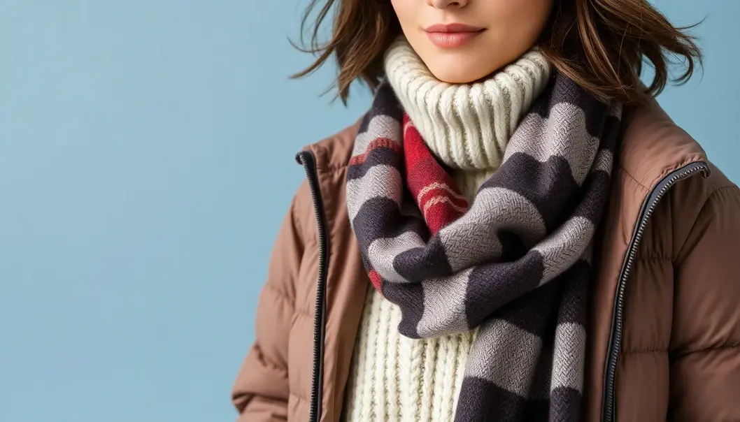 Model demonstrating layered winter fashion using eco-friendly materials.