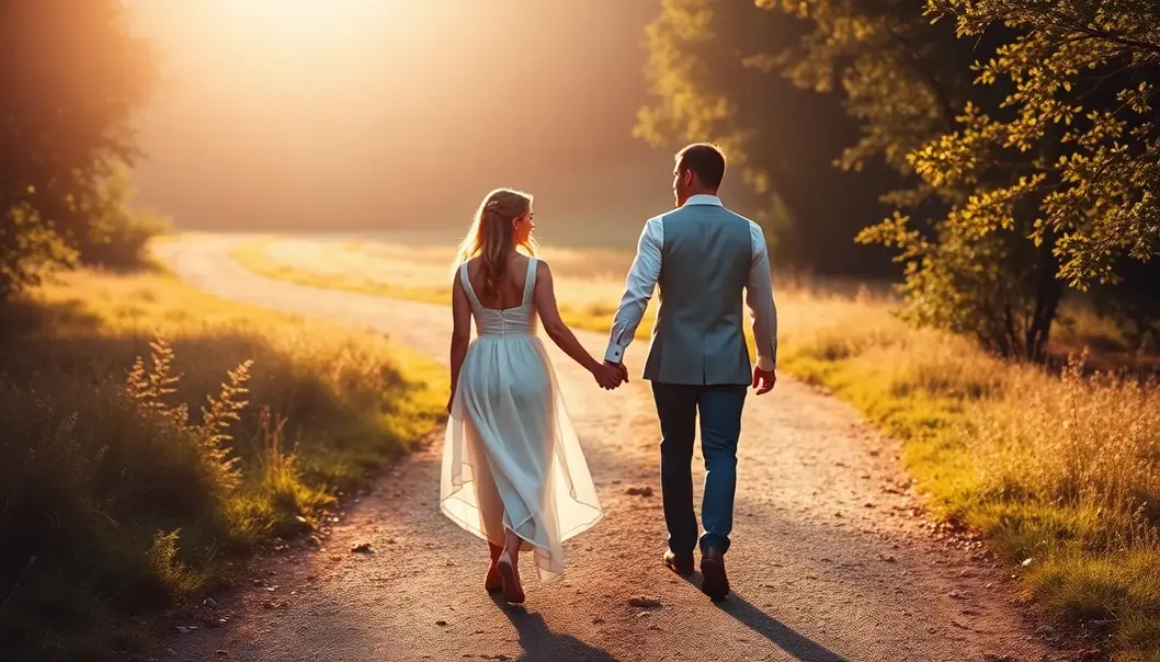 Newlywed couple walking a path, representing new opportunities.