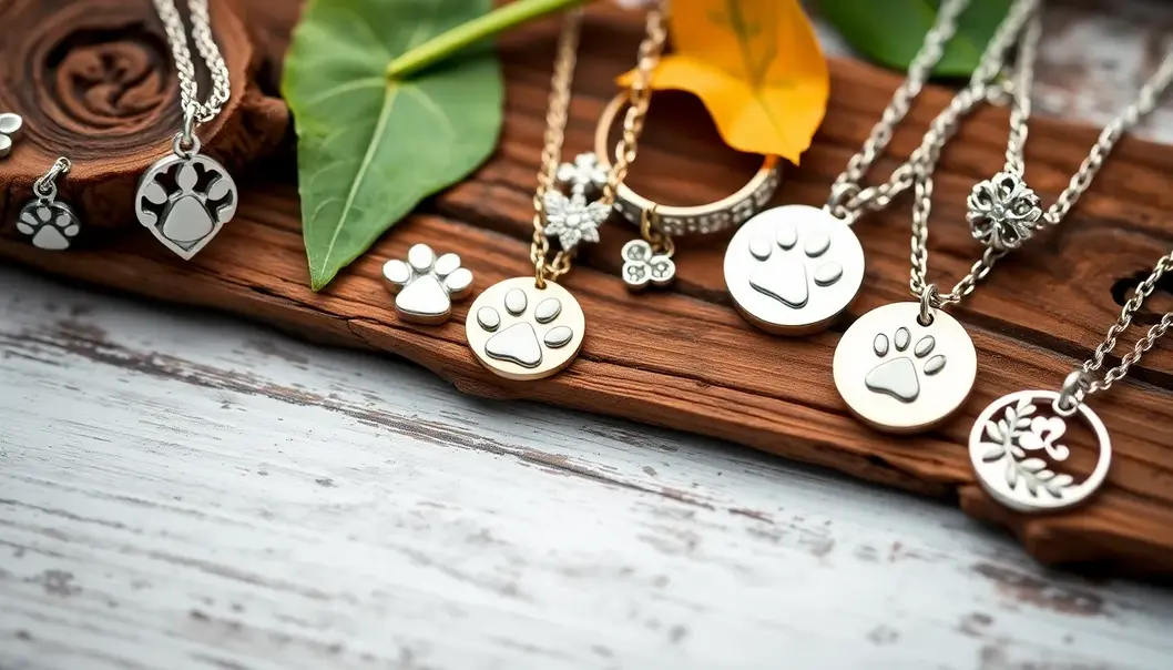 Jewelry pieces featuring pet-themed designs, paw prints, and personalized inscriptions.