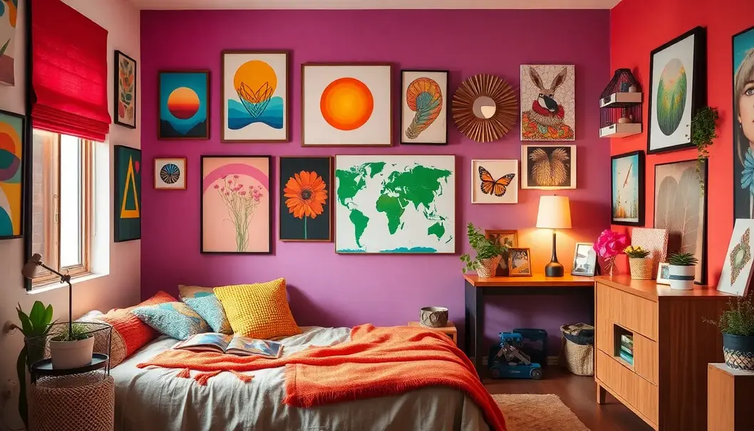 A teen's room decorated with a mix of affordable art, showcasing personal style.
