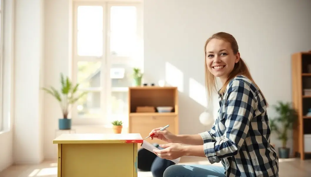 A person painting a small furniture piece in a bright room, engaging in a DIY project.
